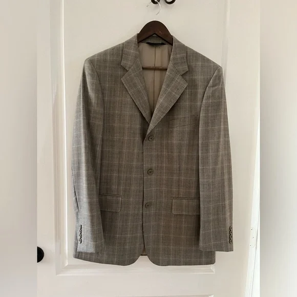Couture Italian Beige Glen Plaid Super 150s Wool Blazer